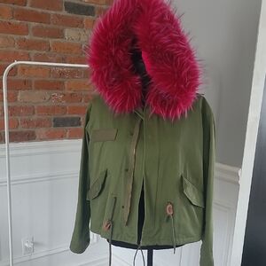 Olive Green Utility Jacket with Fuchsia Faux Fur Hood
